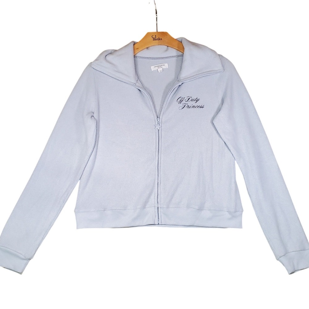 Grayson Threads Off-Duty Princess Waffle Knit Zip Up Hoodie Light Blue Large